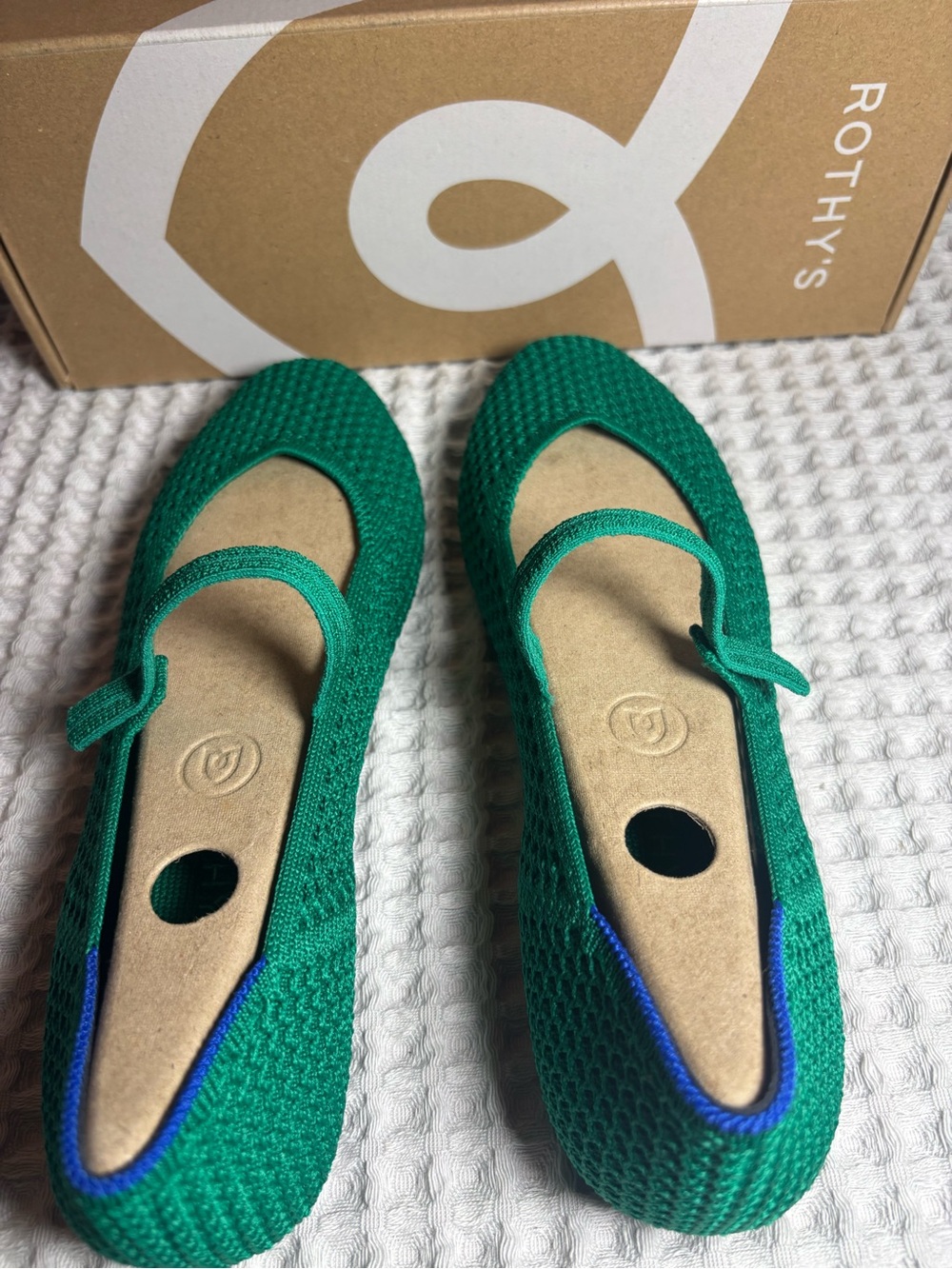 Rothy's Green Knit Mary Jane Flats with Blue Trim - Picture 4 of 6